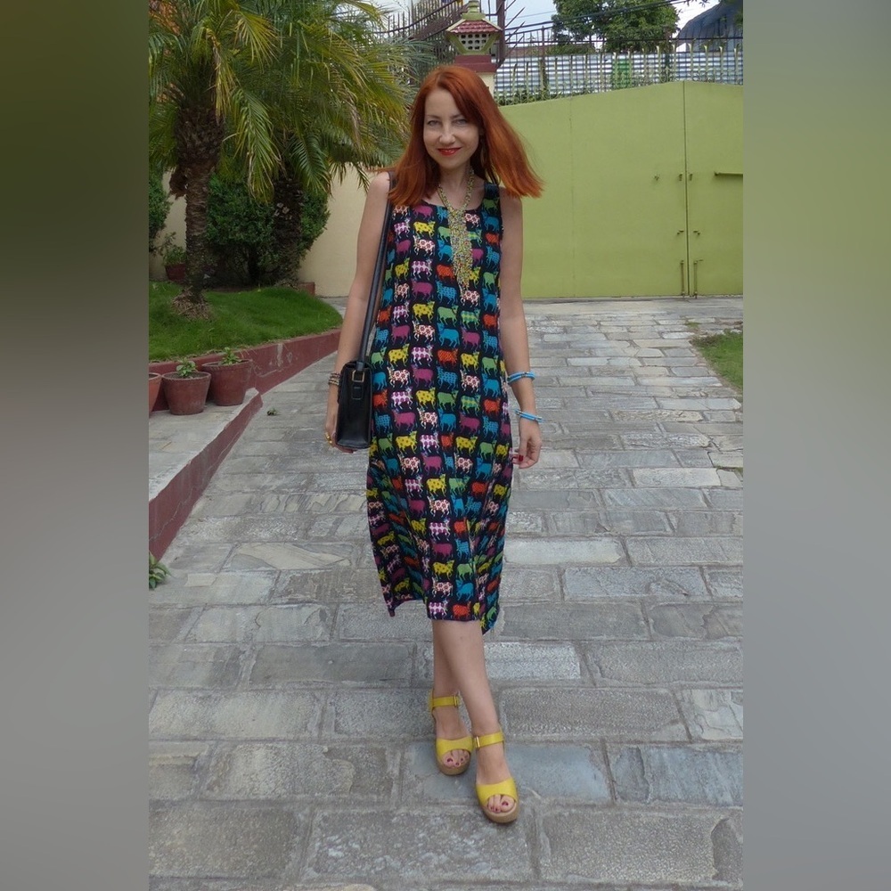 Colorful Animal Print Midi Dress W for Woman Sleeveless Boho Viscose Size 10